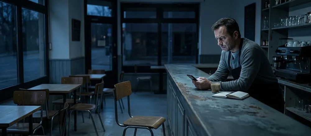 Dueño de un café vacío mirando preocupado su celular