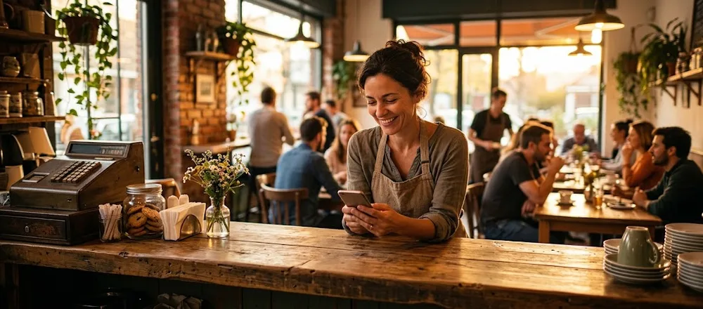 Dueña de un café lleno sonriendo mientras mira su celular