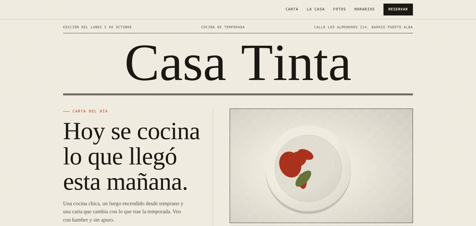 Página de un restaurante hecha con Lacustre Digital