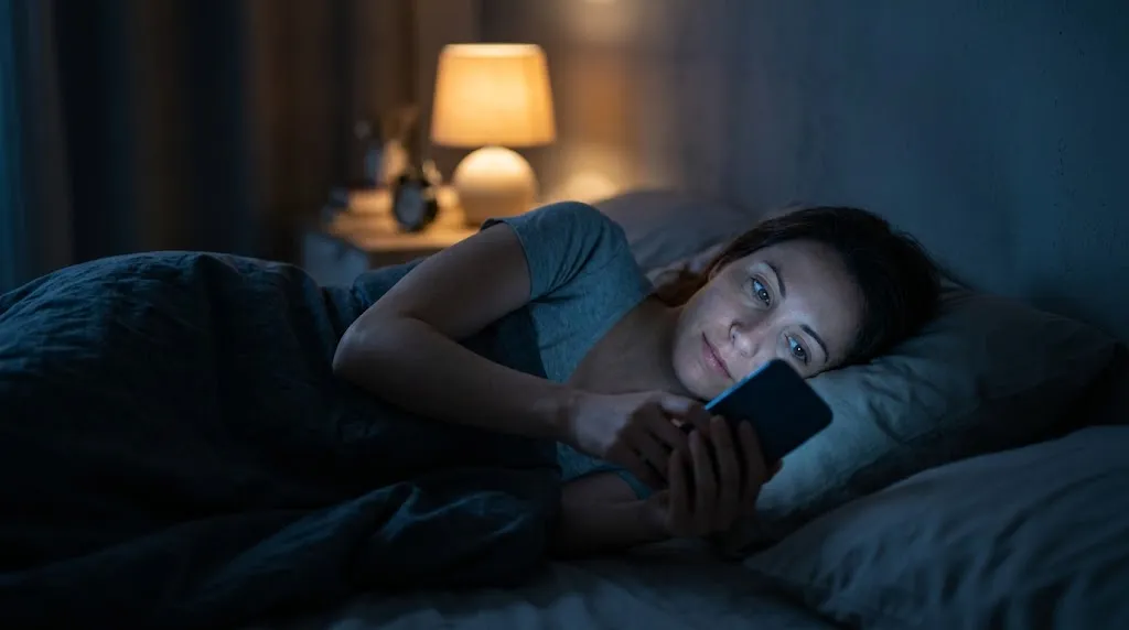 Mujer buscando en su celular de noche, acostada en su cama