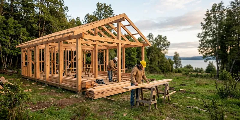 Carpinteros construyendo una casa de madera en el campo