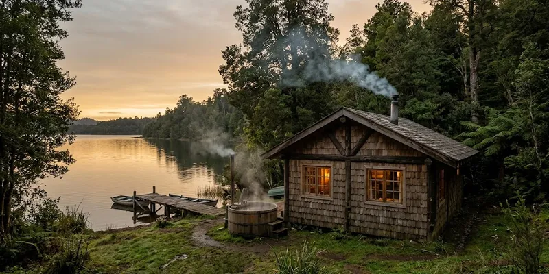 Cabaña de madera con tinaja junto a un lago al atardecer