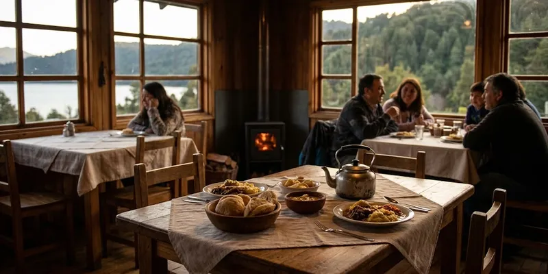 Restaurante de campo con estufa a leña y vista al lago