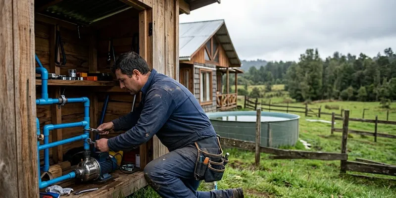Técnico instalando una bomba de agua en una casa de campo