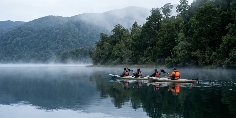 Grupo en kayaks sobre un lago con neblina