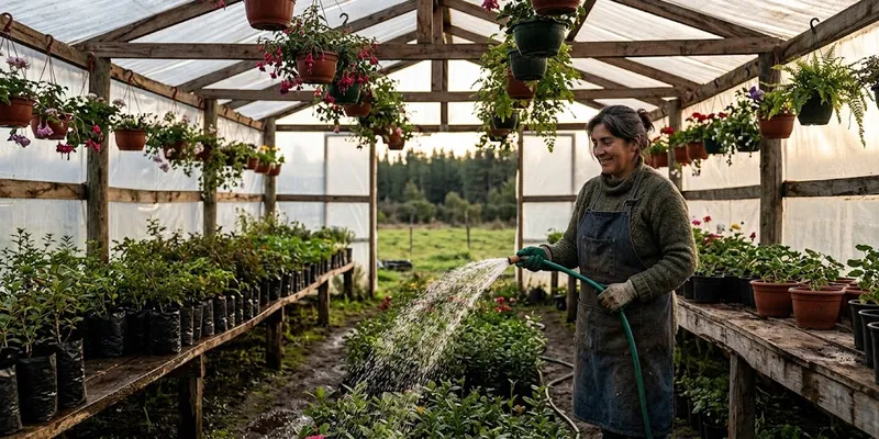 Mujer regando plantas en un vivero rural